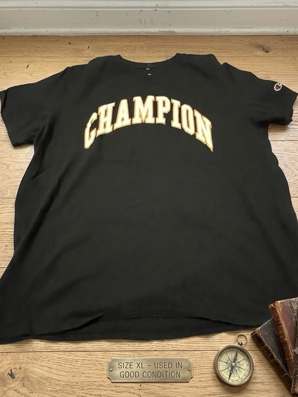 Champion Black T-Shirt with Gold/Green/White Arch Logo - XL